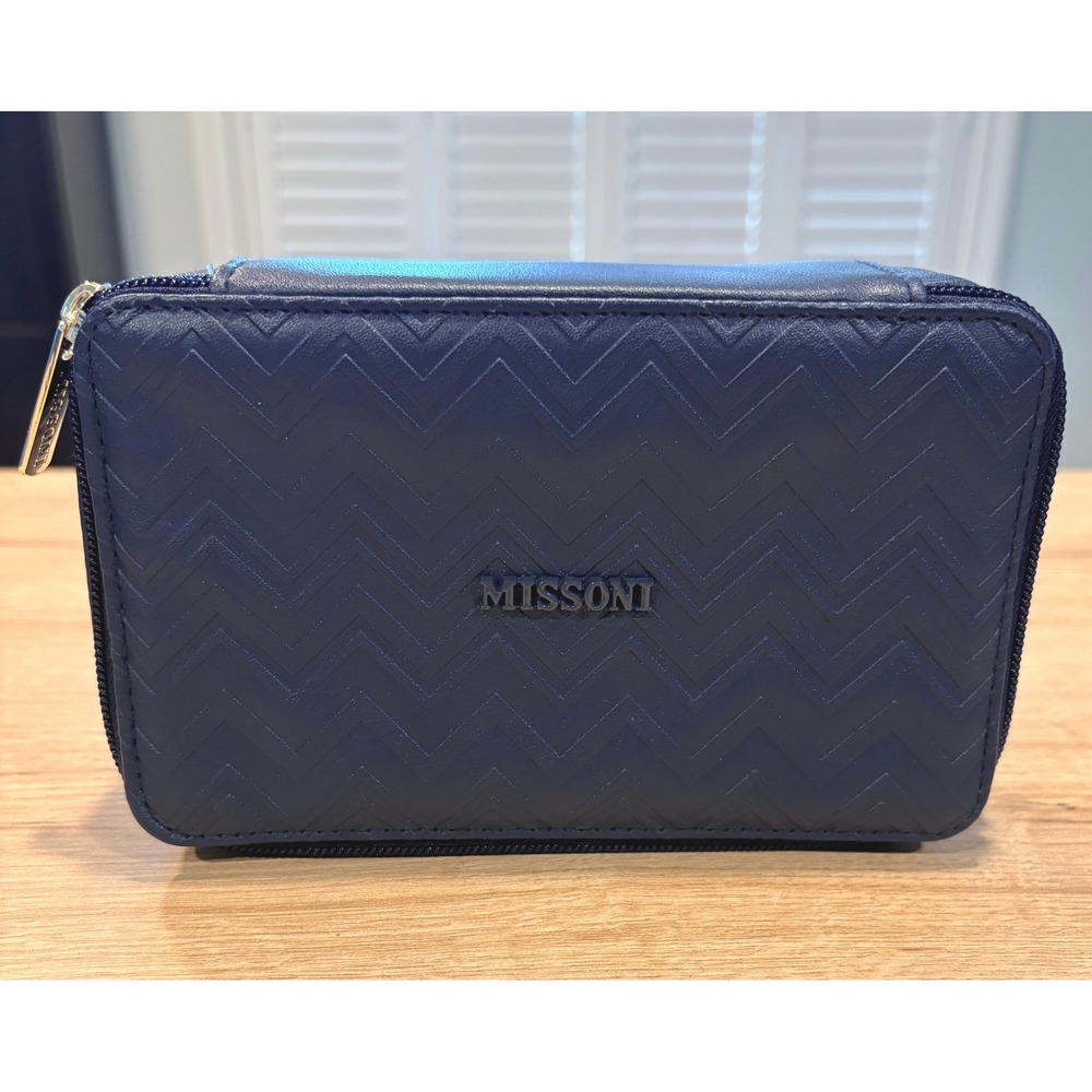 Missoni Navy Blue Zigzag Embossed Travel Amenity Kit Pouch with Eye Mask & Socks
